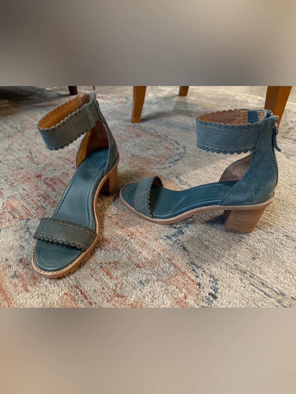 Frye Teal Scalloped Suede Ankle-Strap Heels
